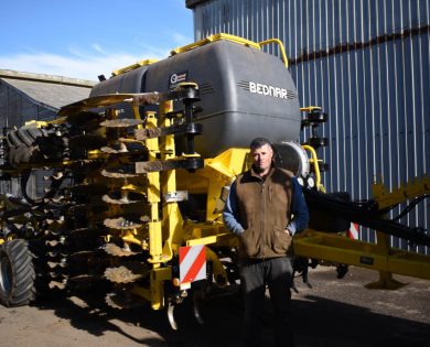 Mr Stuart McNicol from Castleton Farm with his new BEDNAR OMEGA OO 4000 FL seed drill.