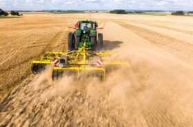 Rear view of BEDNAR SWIFTERDISC working at speed, leaving a level, dust-free seedbed ready for the next crop